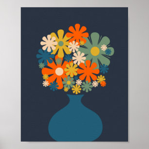Fröhliche Retro-Blumen in einer blauen Vase Poster