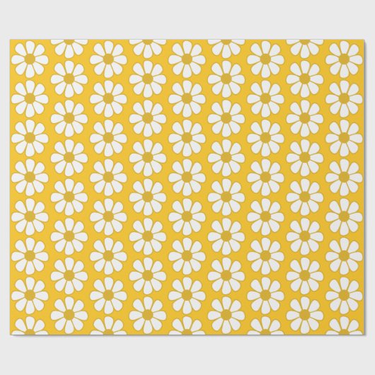 Fröhliche Retro Daisies Weiß und Senfgelb Geschenkpapier (Flach)