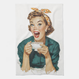 Fröhliche Retro-Frau genießt Kaffee Geschirrtuch