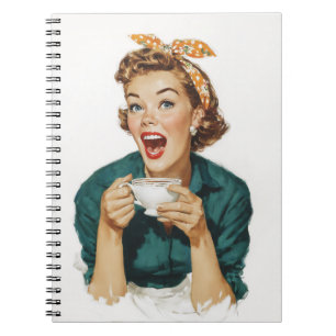 Fröhliche Retro-Frau genießt Kaffee Notizblock