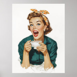 Fröhliche Retro-Frau genießt Kaffee Poster