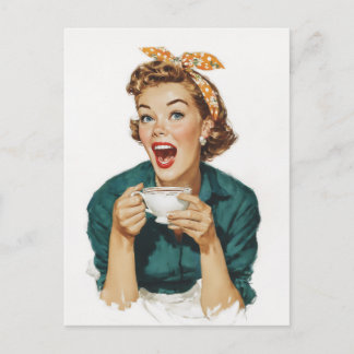 Fröhliche Retro-Frau genießt Kaffee Postkarte