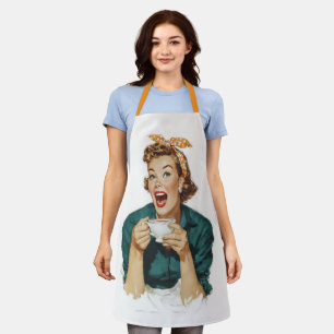Fröhliche Retro-Frau genießt Kaffee Schürze