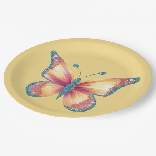 Fröhliche Schmetterling Pappteller (Schrägansicht)