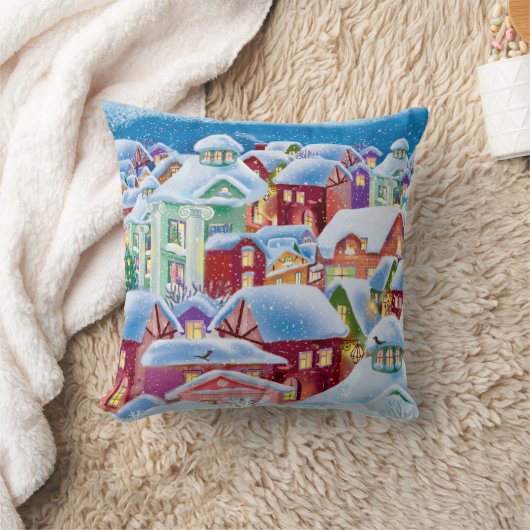 Fröhliche, schneebedeckte Neujahrshäuser Kissen (Decke)