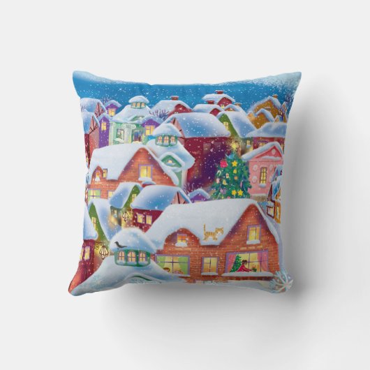 Fröhliche, schneebedeckte Neujahrshäuser Kissen (Rückseite)