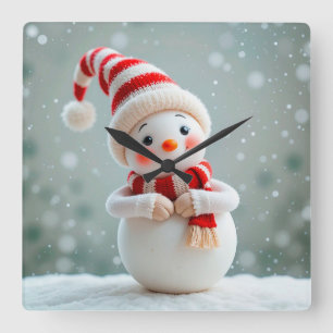 Fröhliche Schneemann-Figur mit Feiertagshut Quadratische Wanduhr