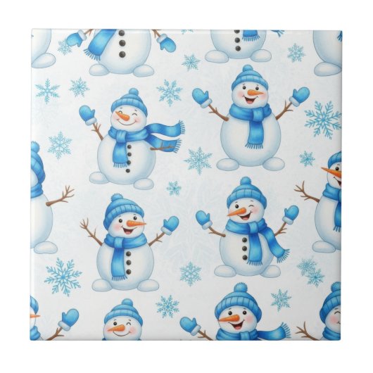 Fröhliche Schneemänner und blaue Schneeflocken – W Fliese (Vorderseite)
