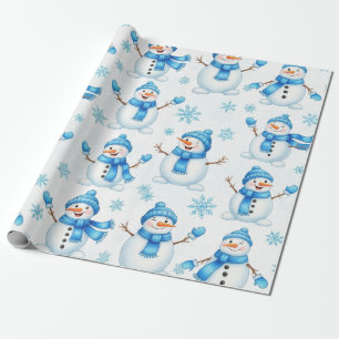 Fröhliche Schneemänner und blaue Schneeflocken – W Geschenkpapier
