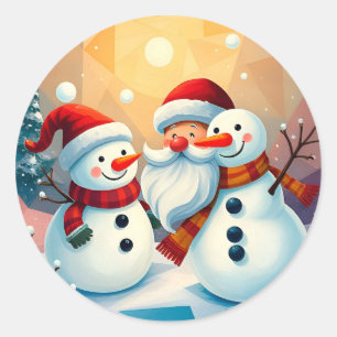 Fröhliche Schneemänner und Santa beim Genießen Runder Aufkleber