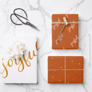 Fröhliche Schrift Schneeflocken Orange Feiertag Geschenkpapier Set