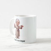 Fröhliche Senior Citizen in einer gemütlichen Robe Kaffeetasse (Vorderseite Links)