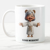 Fröhliche Senior Citizen in einer gemütlichen Robe Kaffeetasse