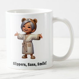 Fröhliche Senior Citizen in einer gemütlichen Robe Kaffeetasse