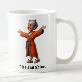 Fröhliche Senior Citizen in einer gemütlichen Robe Kaffeetasse