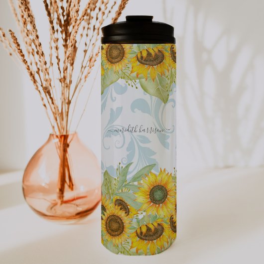 Fröhliche Sommersonnenblume & Paisley | Monogramm Thermosbecher
