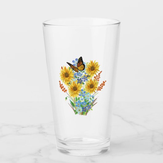 Fröhliche Sonnenblume und Schmetterling Bouquet Kü Glas (Vorderseite)