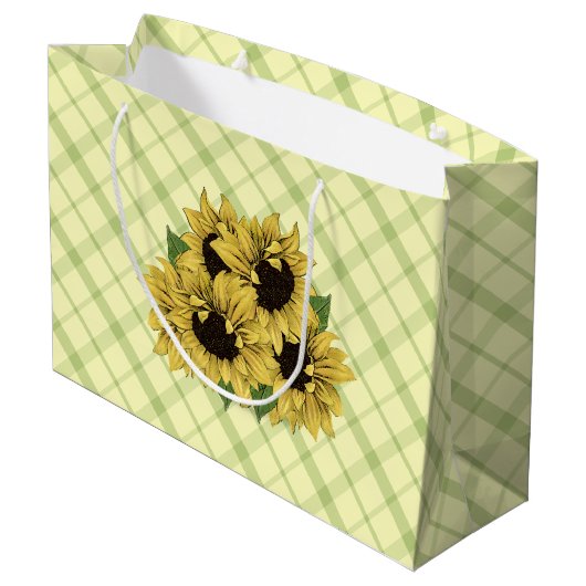 Fröhliche Sonnenblumen Geschenktasche auf Kariert Große Geschenktüte (Rückseite Schrägansicht)
