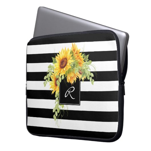 Fröhliche Sonnenblumen und Streifen mit Monogramm Laptopschutzhülle (Vorderseite Links)