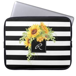 Fröhliche Sonnenblumen und Streifen mit Monogramm Laptopschutzhülle
