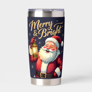 Fröhliche, strahlende Santa-Claus-Illustration mit Thermobecher