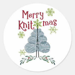 Fröhliche Strick-Weihnachten Garn Weihnachtsbaum S Runder Aufkleber