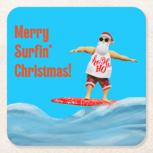 Fröhliche Surfen Weihnachten Santa auf Surfbrett w Rechteckiger Pappuntersetzer