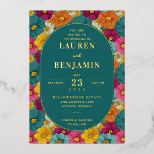 Fröhliche Türkis-Blumen-Hochzeitseinladung Folieneinladung