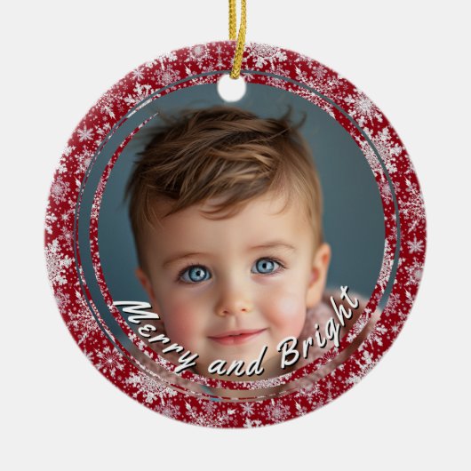 Fröhliche und helle Schneeflocken Rotes Foto für k Keramik Ornament (Vorne)