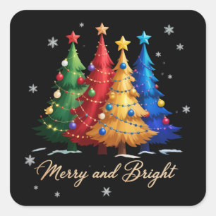 Fröhliche und helle Weihnachtsbäume Weihnachtsgesc Quadratischer Aufkleber