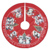 Fröhliche und helle Weihnachtspenguinen in Rot Polyester Weihnachtsbaumdecke (Vorderseite)