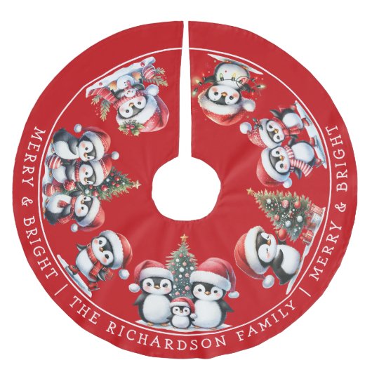 Fröhliche und helle Weihnachtspenguinen in Rot Polyester Weihnachtsbaumdecke (Vorderseite)