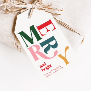 Fröhliche und strahlende bunte Retro-Weihnachten Geschenkanhänger