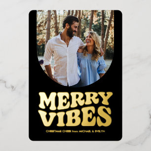 Fröhliche Vibes Spaß Retro Foto Schwarzes Gold Wei Folien Feiertagskarte