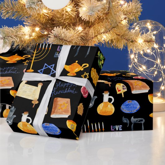 Fröhliche Wasserfarbe Hanukkah Illustrationsmuster Geschenkpapier (Feiertage)