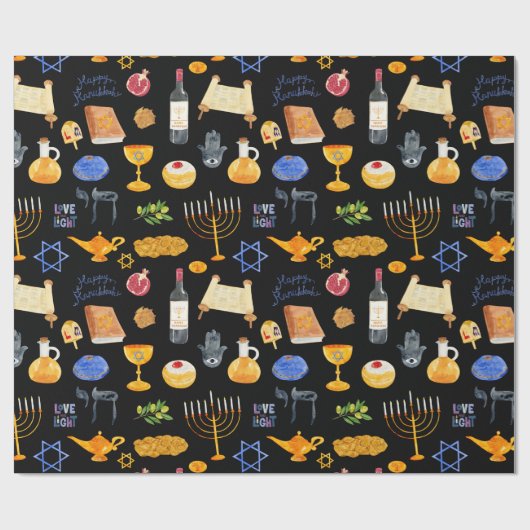 Fröhliche Wasserfarbe Hanukkah Illustrationsmuster Geschenkpapier (Flach)