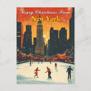 Fröhliche Weihnachten aus New York Retro-Eislaufen Postkarte