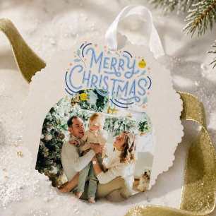 Fröhliche Weihnachten Blaue Typografie Gebogene Fo Ornament Karte