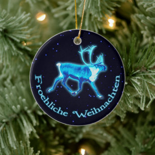 Fröhliche Weihnachten - Blaues Karibu (Rentier) Keramik Ornament