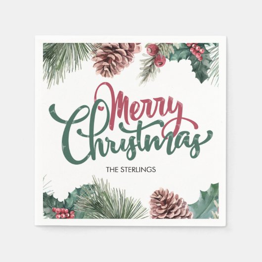 Fröhliche Weihnachten Blumenstrauß Roter Holly Bor Serviette (Vorderseite)