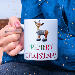 fröhliche Weihnachten bunte Typografie lustige Ren Kaffeetasse