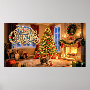 Fröhliche Weihnachten Dekorative Kunst mit Kätzche Poster