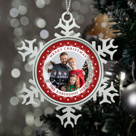 Fröhliche Weihnachten Elegantes Foto Schneeflocken Zinn-Ornament
