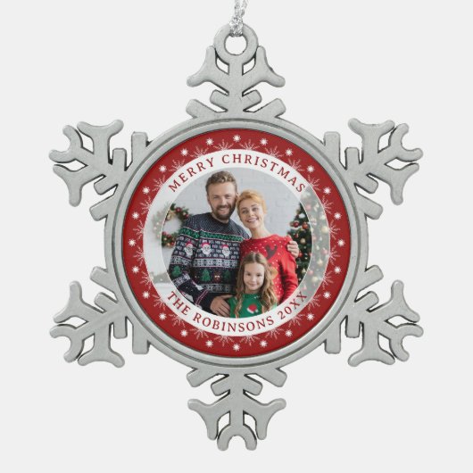 Fröhliche Weihnachten Elegantes Foto Schneeflocken Zinn-Ornament (Vorderseite)