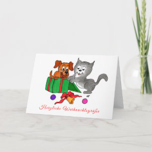 Fröhliche Weihnachten, Hund und Katze auf Deutsch Feiertagskarte