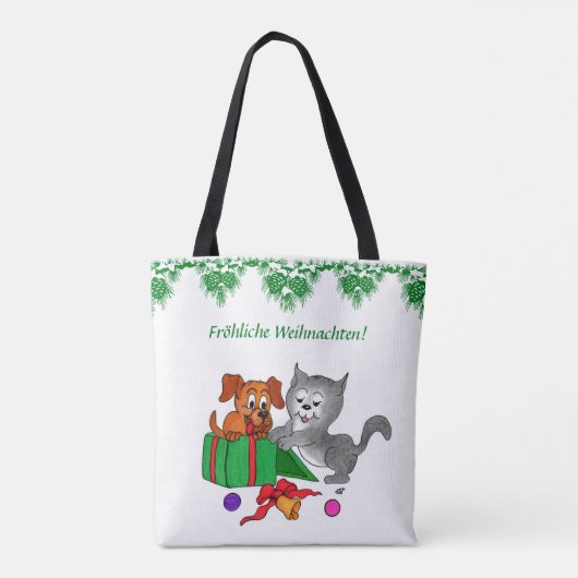 Fröhliche Weihnachten, Hund und Katze auf Deutsch Tasche (Rückseite)