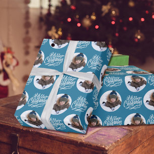 Fröhliche Weihnachten Kalligrafie Runde Foto Blau Geschenkpapier