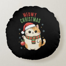 Fröhliche Weihnachten Katze – Festliches Feiertags Rundes Kissen