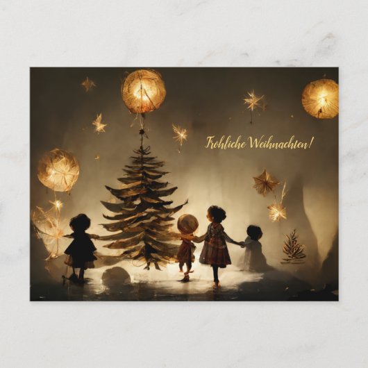 Fröhliche Weihnachten. Kinder tanzen um Baum Postkarte (Vorderseite)