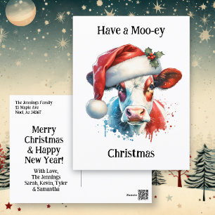 Fröhliche Weihnachten   Lustige Kuh mit Santa Hut Postkarte